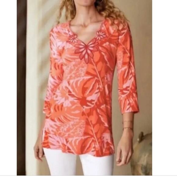 Soft Surroundings Del Rio Embellished Tunic Top Orange Pink Floral Size 2X - Picture 1 of 15
